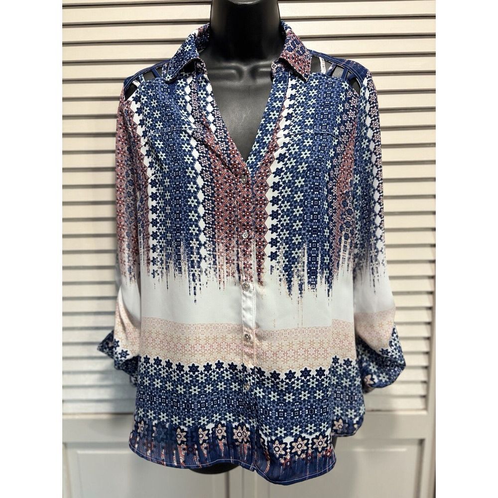 Candies Blue/Pink Floral‎ Long Tab Sleeve Button Up Blouse Size S Open Shoulder